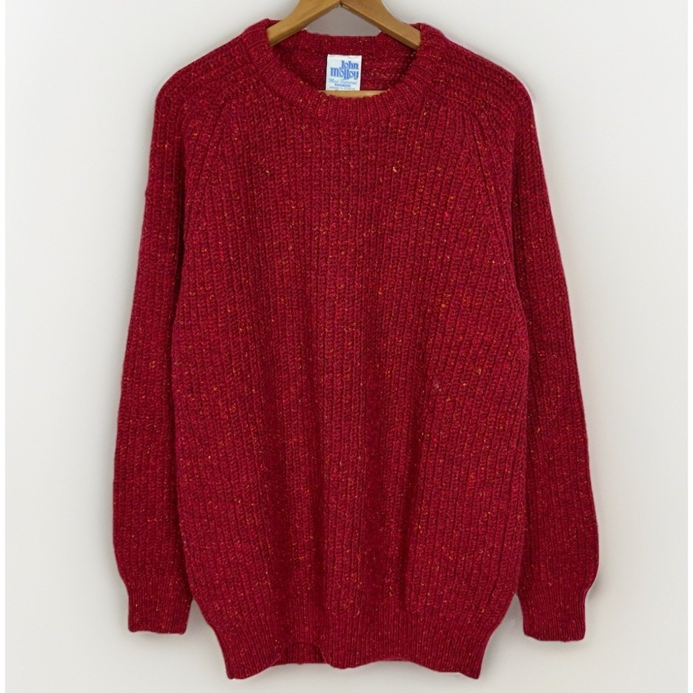 John Molloy Vintage Donegal Virgin Wool Sweater Men's XL Red Chunky Rib Knit EUC